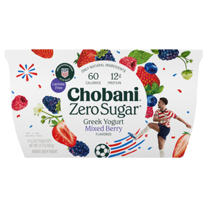 Chobani Yogurt, Greek, Nonfat, Zero Sugar, Mixed Berry Flavored, 4 - 5.3 oz (150 g) cups [21.2 oz (601 g)]
