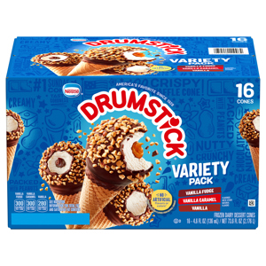 Drumstick Vanilla Fudge/Vanilla Caramel/Vanilla Frozen Dairy Dessert Cones Variety Pack, 16 - 4.6 fl oz (136 ml) cones [73.6 oz (