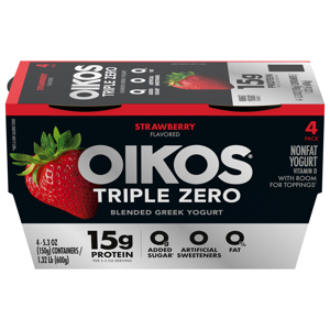 Oikos Triple Zero Triple Zero Strawberry High Protein Nonfat Greek Yogurt, 4 - 5.3 oz (150 g) containers [1.32 lb (600 g)]