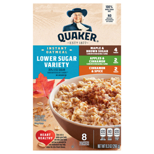 Quaker Instant Oatmeal, Lower Sugar Variety, Maple & Brown Sugar/Apples & Cinnamon/Cinnamon & Spice, 8 packets [9.3 oz (266 g)]