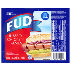 FUD Jumbo Chicken Franks, 16 oz (1 lb) 454 g
