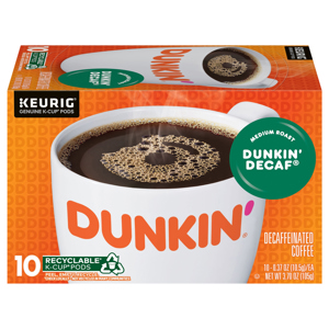 Dunkin' Decaffeinated Medium Roast Dunkin' Decaf Coffee, 10 - 0.37 oz (10.5 g) pods [3.70 oz (105 g)]