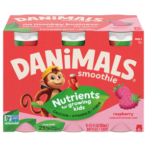 Danimals Raspberry Kids Low Fat Yogurt Smoothies, 6 - 3.1 fl oz (93 ml) bottles [1.16 pt (558 ml)]