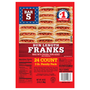 Bar S Bun Length Franks, 24 franks [48 oz (3 lb) 1.36 kg]