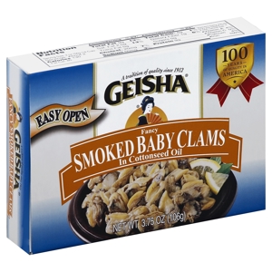 Geisha Clams, Baby, Fancy Smoked, in Cottonseed Oil, 3.75 oz (106 g)