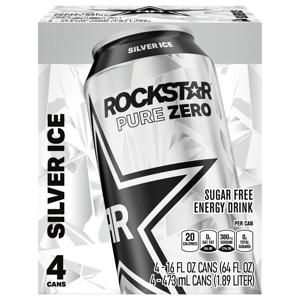 Rockstar Energy Drink, Sugar Free, Silver Ice, 4 - 16 fl oz (473 ml) cans [64 fl oz (1.89 l)]