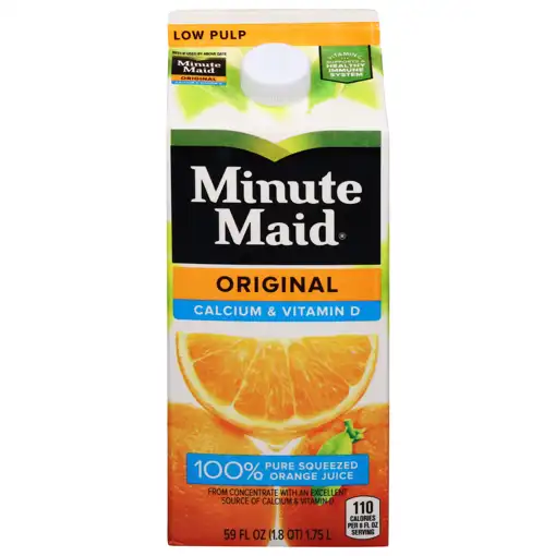 Minute Maid Orange Juice, 100% Pure Squeezed, Low Pulp, Original, 59 fl oz  qt) l