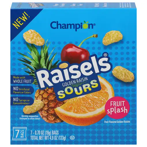 Champion Raisels Golden Raisin Sours Fruit Splash, 7 Count