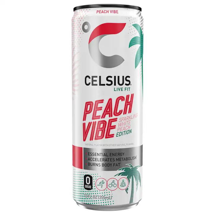 All  Beverages – #77 Gulfport – Celsius Energy Drink, Peach Vibe, 12 Fl Oz  (355 Ml)