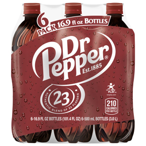 Dr Pepper Soda, 6 Pack, 6 - 16.9 fl oz (500 ml) bottles [101.4 fl oz (3.0 l)]