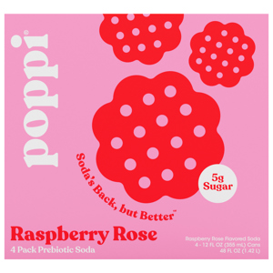 Poppi Prebiotic Raspberry Rose Soda, 4 - 12 fl oz (355 ml) cans [48 fl oz (1.42 l)]