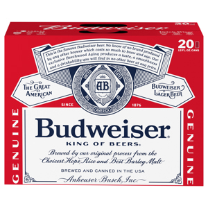 Budweiser Beer, Lager, Genuine, 20 - 12 fl oz cans