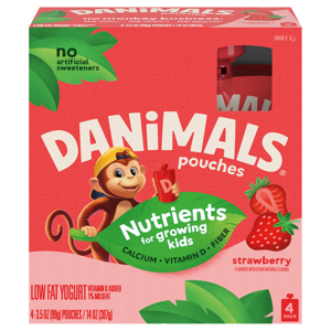 Danimals Strawberry Kids Low Fat Yogurt Pouches, 4 - 3.5 oz (99 g) pouches [14 oz (397 g)]