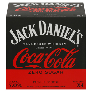 Jack Daniel's Cocktail, Premium, Coca Cola, Tennesse Whiskey, 4 - 355 ml cans