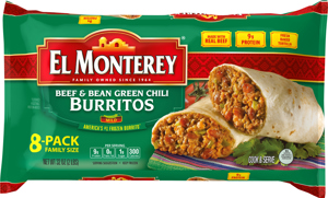 El Monterey Burritos, Mild, Beef & Bean Green Chili, Family Size, 8 Pack, 32 oz
