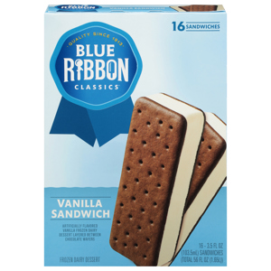 Blue Ribbon Classics Frozen Dairy Dessert, Vanilla Sandwich, 16 - 3.5 fl oz (103.5 ml) sandwiches [56 fl oz (1.65 l)]