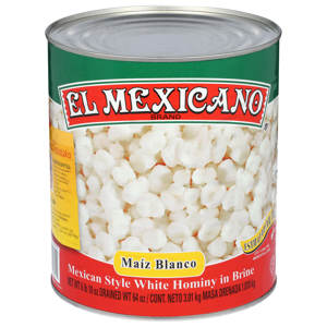El Mexicano White Hominy, in Brine, Mexican Style, 6 lb 10 oz [3.01 kg]