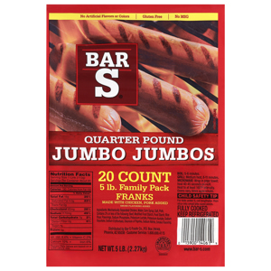 Bar S Jumbo Jumbos Quarter Pound Franks, 20 franks [5 lb (2.27 kg)]