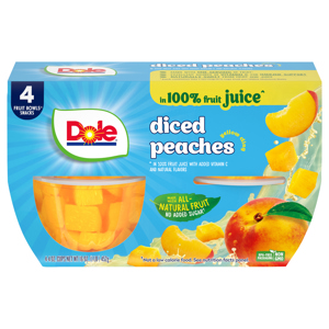 Dole Diced Peaches, in 100% Fruit Juice, Yellow Cling, 4 - 4 oz cups [16 oz (1lb) 452 g]