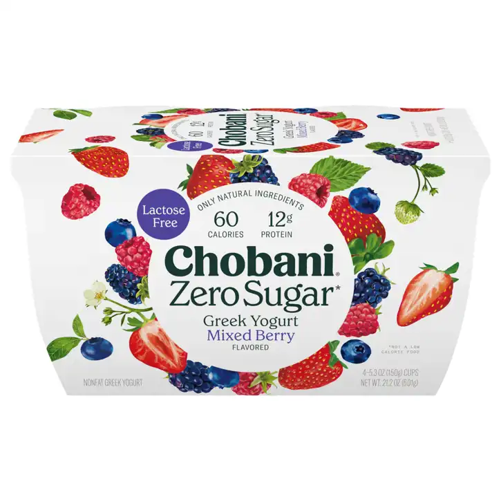 All  Dairy & Eggs – Hopewell – Chobani Yogurt, Greek, Nonfat, Zero Sugar,  Mixed Berry Flavored, 4 - 5.3 Oz (150 G) Cups [21.2 Oz (601 G)]