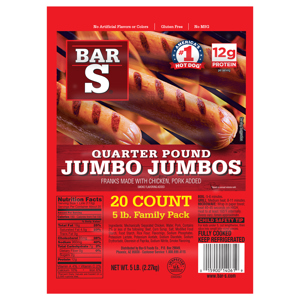 Bar S Jumbo Jumbos Quarter Pound Franks, 20 franks [5 lb (2.27 kg)]